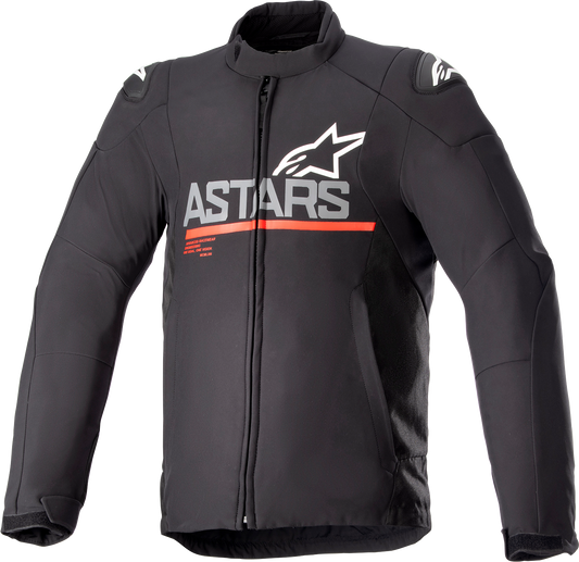 Alpinestars SMX waterproof motorcycle jacket in black, dark gray, and bright red, size large, with protective features visible.