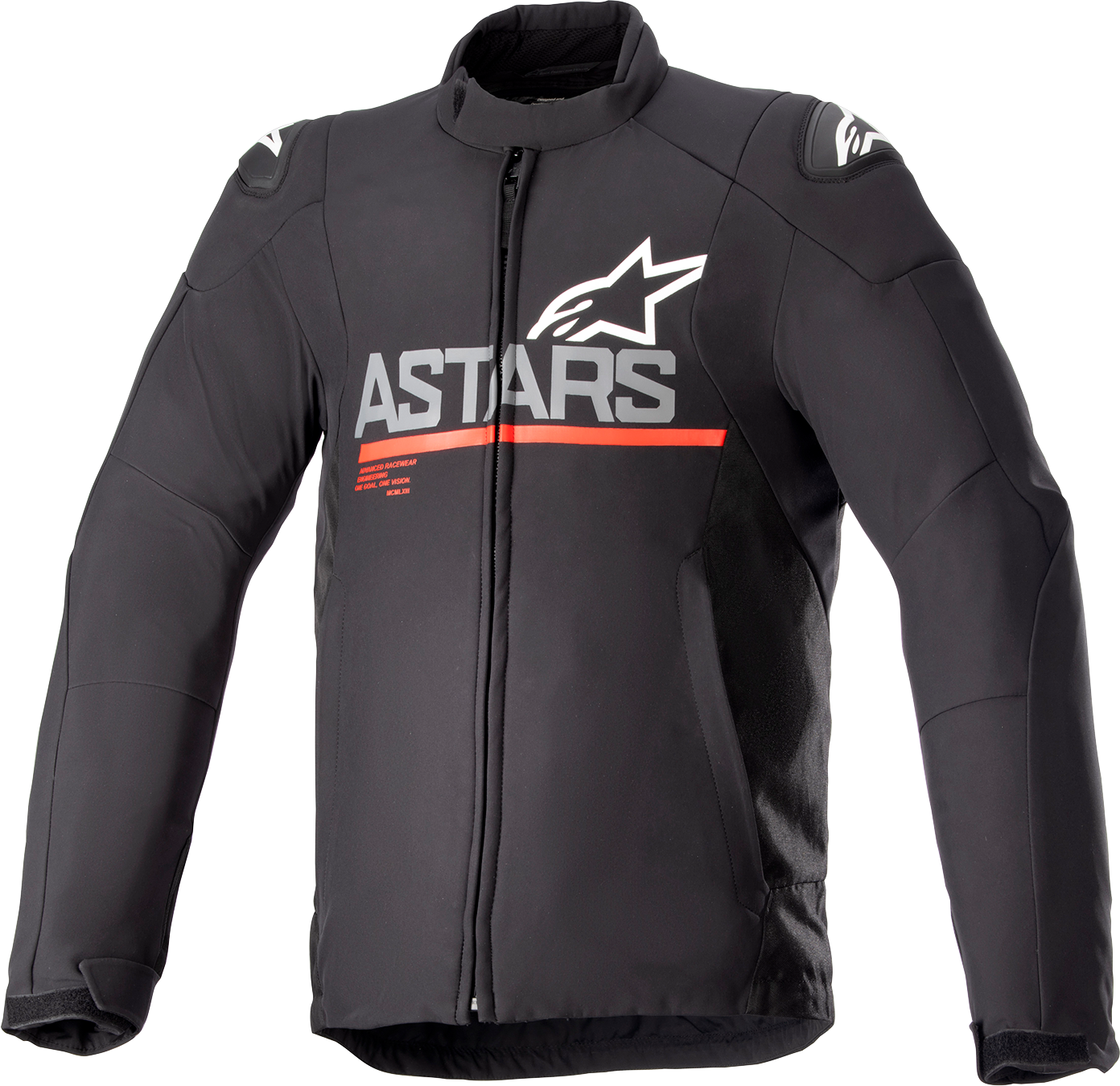 Alpinestars SMX Waterproof Jacket in black, dark gray, and bright red, medium size, with waterproof material and sporty design.