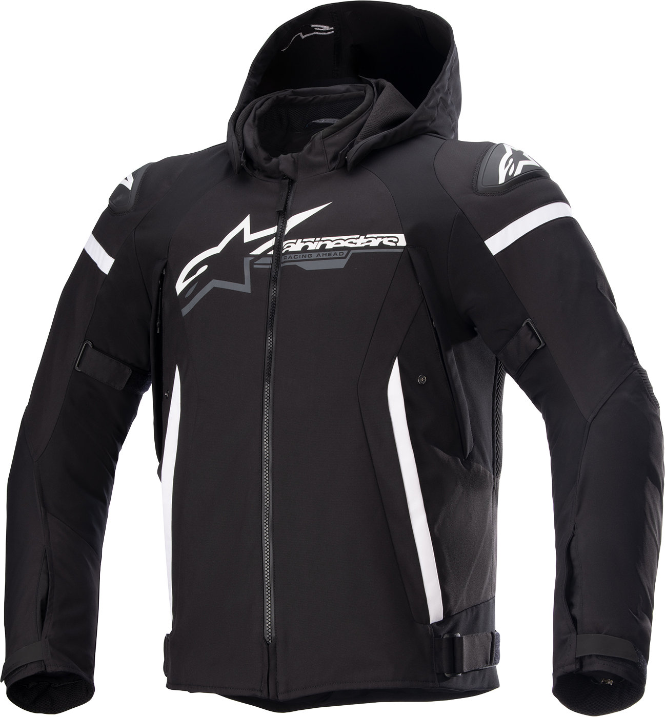 Alpinestars Zaca waterproof motorcycle jacket in black and white, 4XL size, featuring protective design and adjustable features.