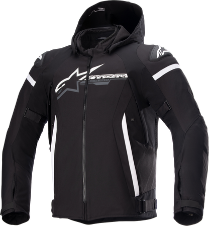 Alpinestars Zaca waterproof motorcycle jacket in black and white, 4XL size, featuring protective design and adjustable features.