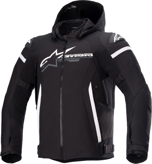 Alpinestars Zaca waterproof motorcycle jacket in black and white, 4XL size, featuring protective design and adjustable features.