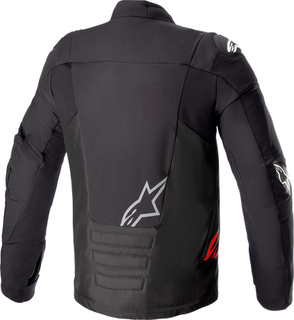 Alpinestars SMX waterproof motorcycle jacket in black, dark gray, and bright red, size 4XL, with visible waterproof fabric and design.
