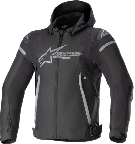 Alpinestars Zaca waterproof jacket in black and dark gray, size large, with a sleek outdoor design and waterproof fabric.
