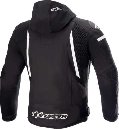 Alpinestars Zaca waterproof motorcycle jacket in black and white, size 4XL, designed for riding in wet weather.