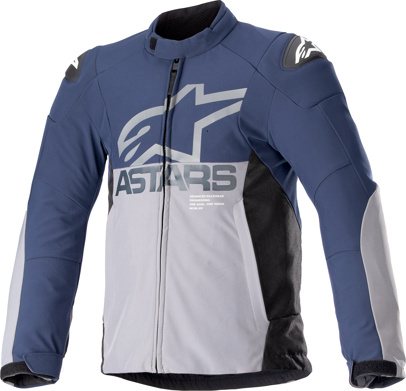 Alpinestars SMX Waterproof Motorcycle Jacket in night navy and dark gray, 2XL, with Tech-Air® 5 compatibility, shown on a mannequin.