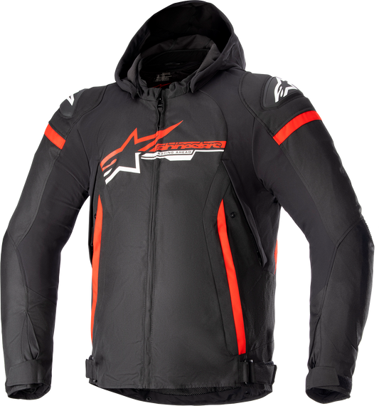 Alpinestars Zaca waterproof motorcycle jacket in 3XL, black with bright red and white accents, featuring a detachable liner.