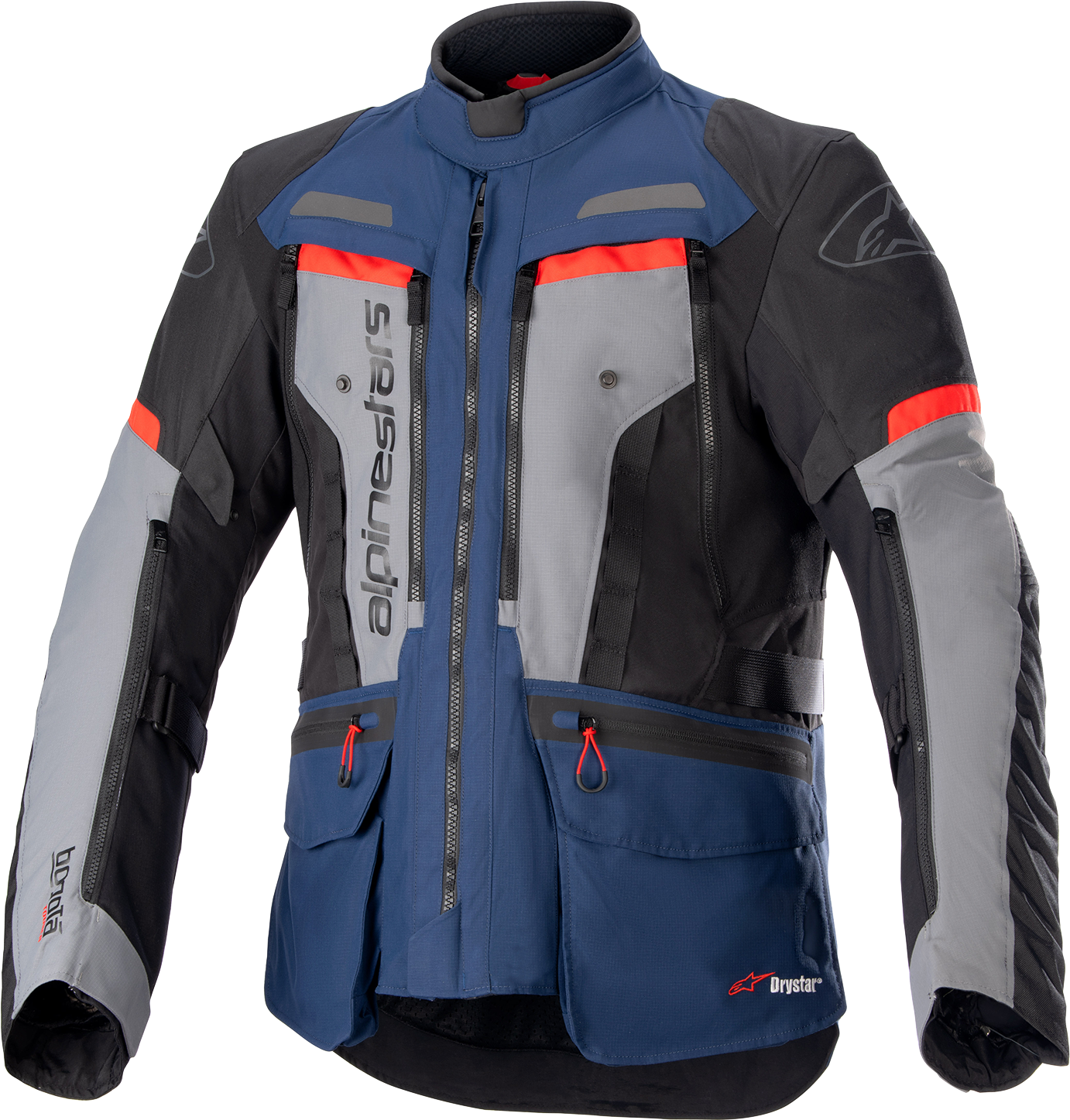 Alpinestars Bogota Pro Drystar® motorcycle jacket in dark blue, black, and bright red, small size, with protective features.