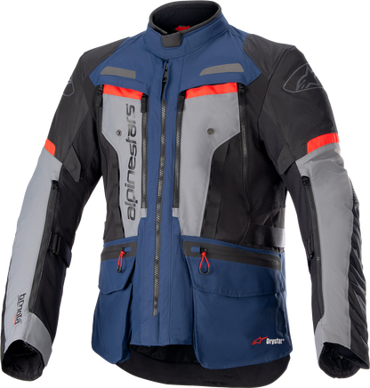 Alpinestars Bogota Pro Drystar® motorcycle jacket in dark blue, black, and bright red, small size, with protective features.