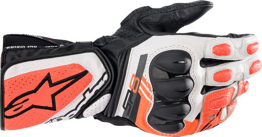 Alpinestars SP-8 V3 motorcycle gloves in black, white, and fluo red with protective padding and adjustable wrist strap, medium size.