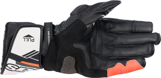 Alpinestars SP-8 V3 motorcycle gloves in black, white, and fluo red, size XL, showing protective knuckles and breathable fabric.