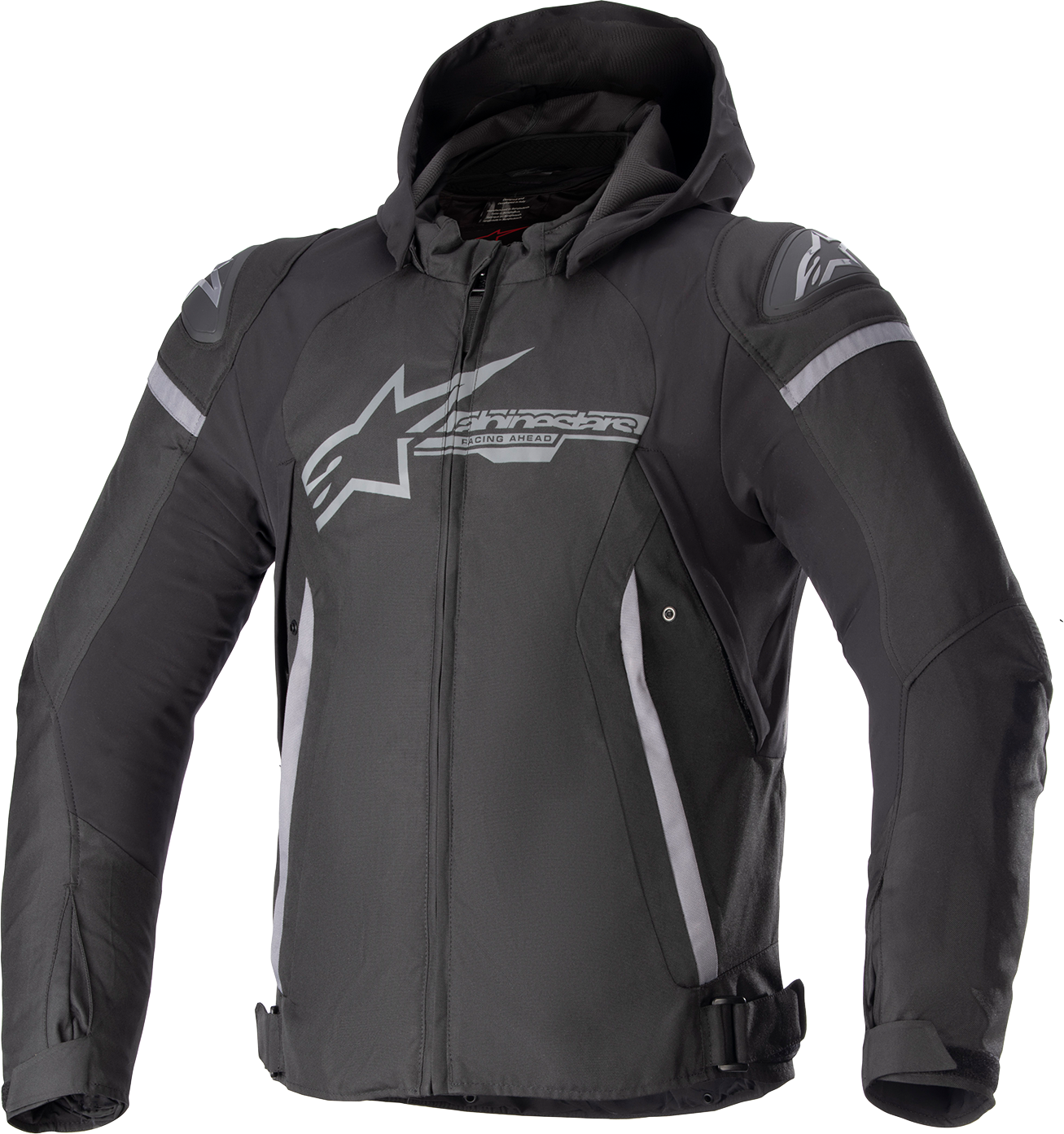 Alpinestars Zaca waterproof jacket in black and dark gray, size small, shown on a hanger with front view.