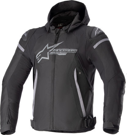 Alpinestars Zaca waterproof jacket in black and dark gray, size small, shown on a hanger with front view.