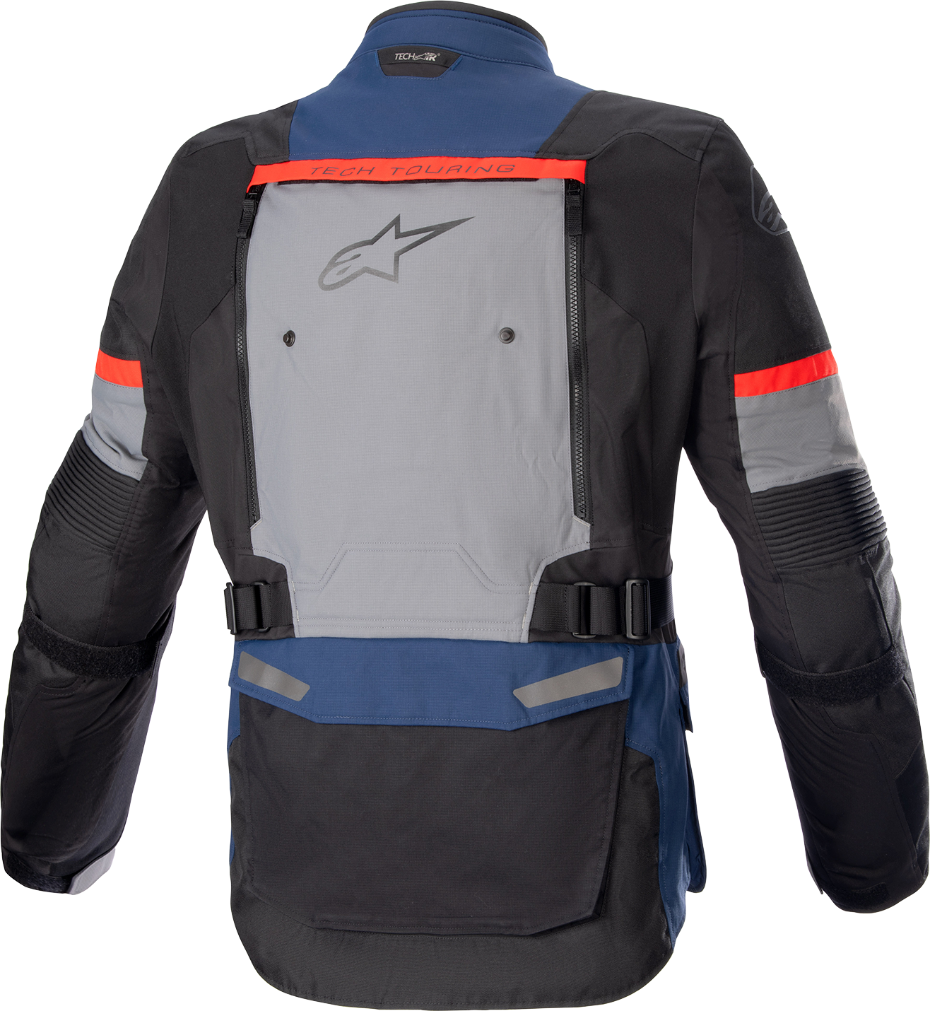 Alpinestars Bogota Pro Drystar motorcycle jacket in dark blue, black, and bright red, medium size, with protective armor and ventilation.