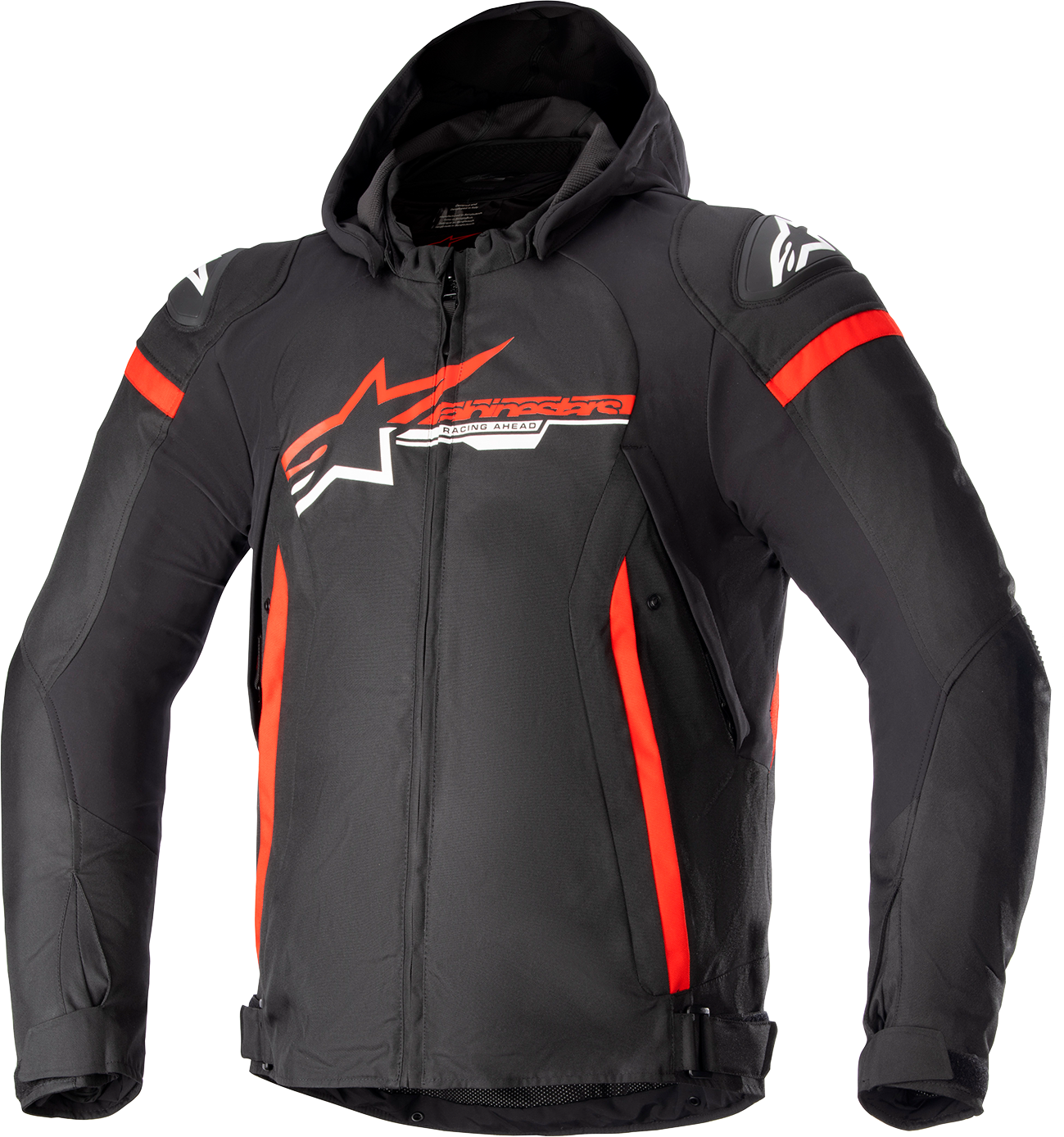 Alpinestars Zaca waterproof jacket in black, bright red, and white, size large, shown with detailed fabric and design features.