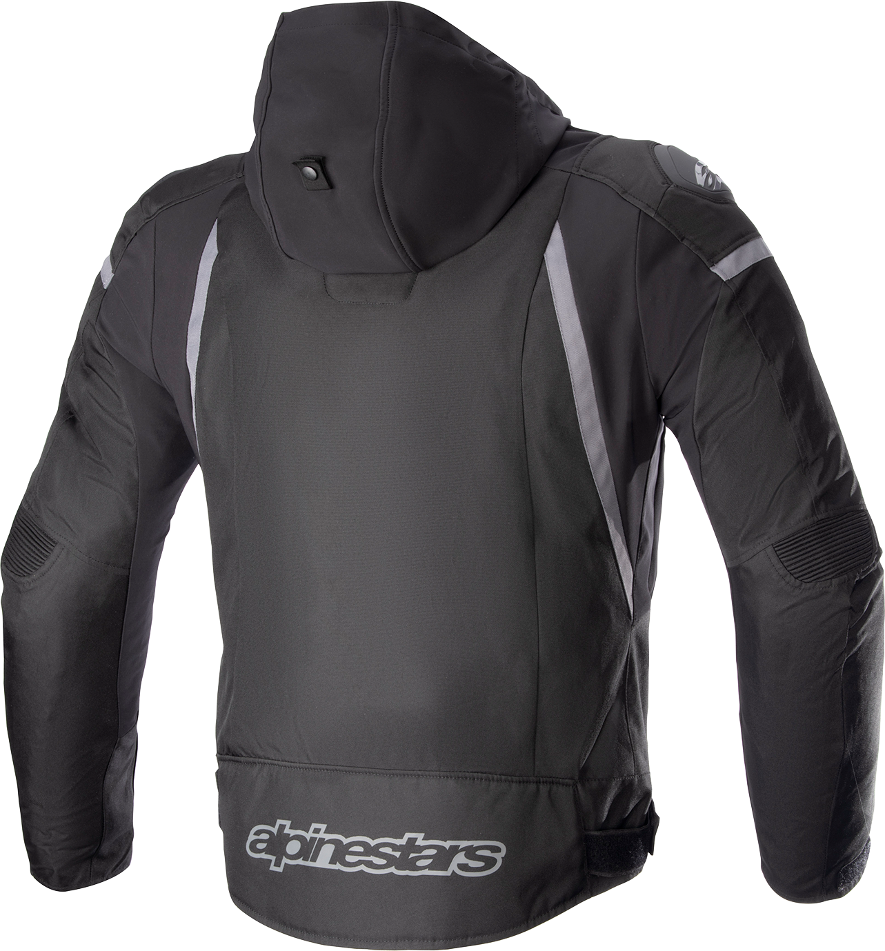 Alpinestars Zaca waterproof jacket in black and dark gray, size small, with hood and water-resistant fabric.