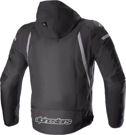 Alpinestars Zaca waterproof jacket in black and dark gray, size small, with hood and water-resistant fabric.