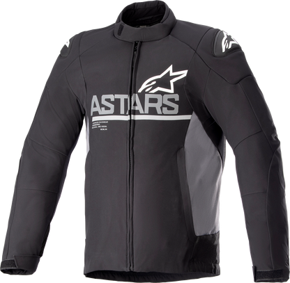 Alpinestars SMX waterproof motorcycle jacket in black and dark gray, size 4XL, featuring protective armor and waterproof material.
