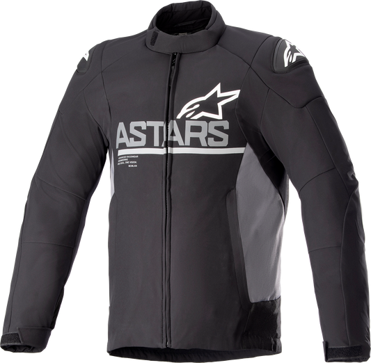 Alpinestars SMX waterproof motorcycle jacket in black and dark gray, size 4XL, featuring protective armor and waterproof material.