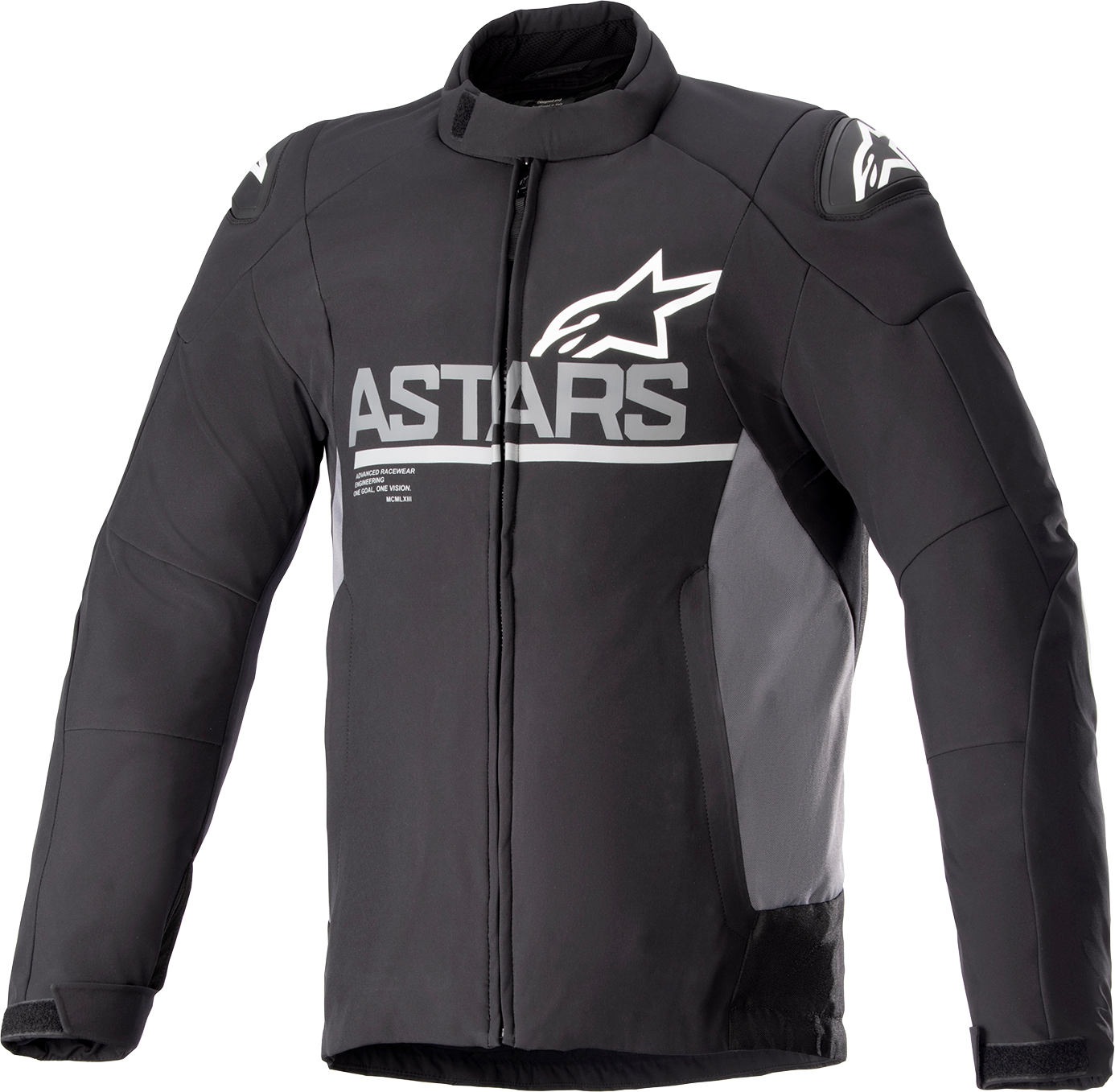 Alpinestars SMX Waterproof Jacket in black and dark gray, XL size, displayed on a hanger showcasing its waterproof fabric and design.