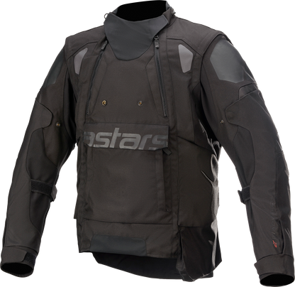 Alpinestars Halo Drystar waterproof jacket in black, size large, with front zipper and adjustable cuffs.