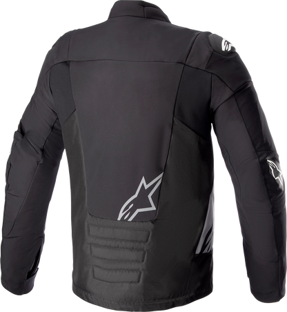 Alpinestars SMX waterproof motorcycle jacket in black and dark gray, size 4XL, shown with front view and zipper details.