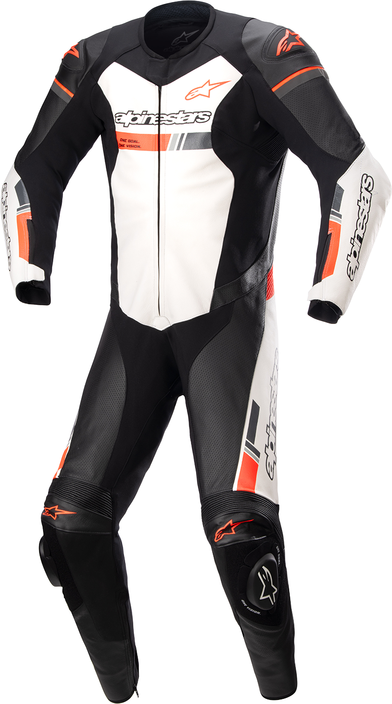 Alpinestars GP Force Chaser 1-piece leather motorcycle suit in black, white, and red fluo with US 46/EU 56 size, close-up view