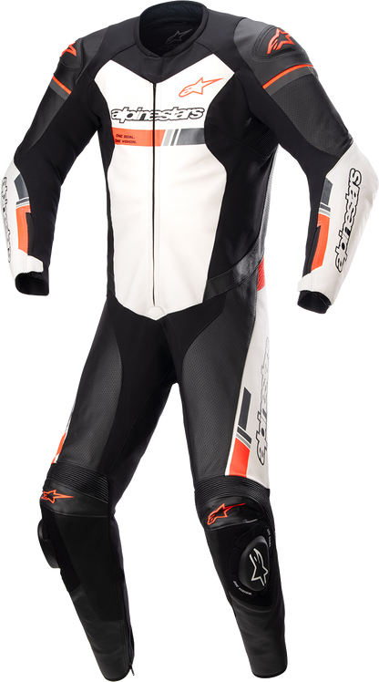 Alpinestars GP Force Chaser 1-piece leather motorcycle suit in black, white, and red fluo with US 46/EU 56 size, close-up view