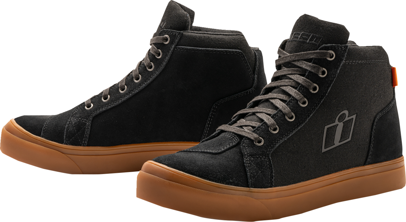 Black ICON Carga CE™ boots by Bill's Exhausts, US size 12, showing rugged leather construction and secure ankle support.