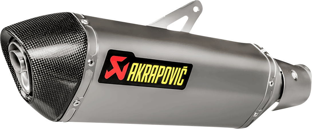 AKRAPOVIC Slip-On Line Titanium muffler for motorcycle, showcasing sleek design and branding details.