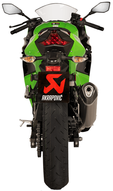AKRAPOVIC Slip-On Line titanium muffler for motorcycles, showcasing sleek design and branding details.