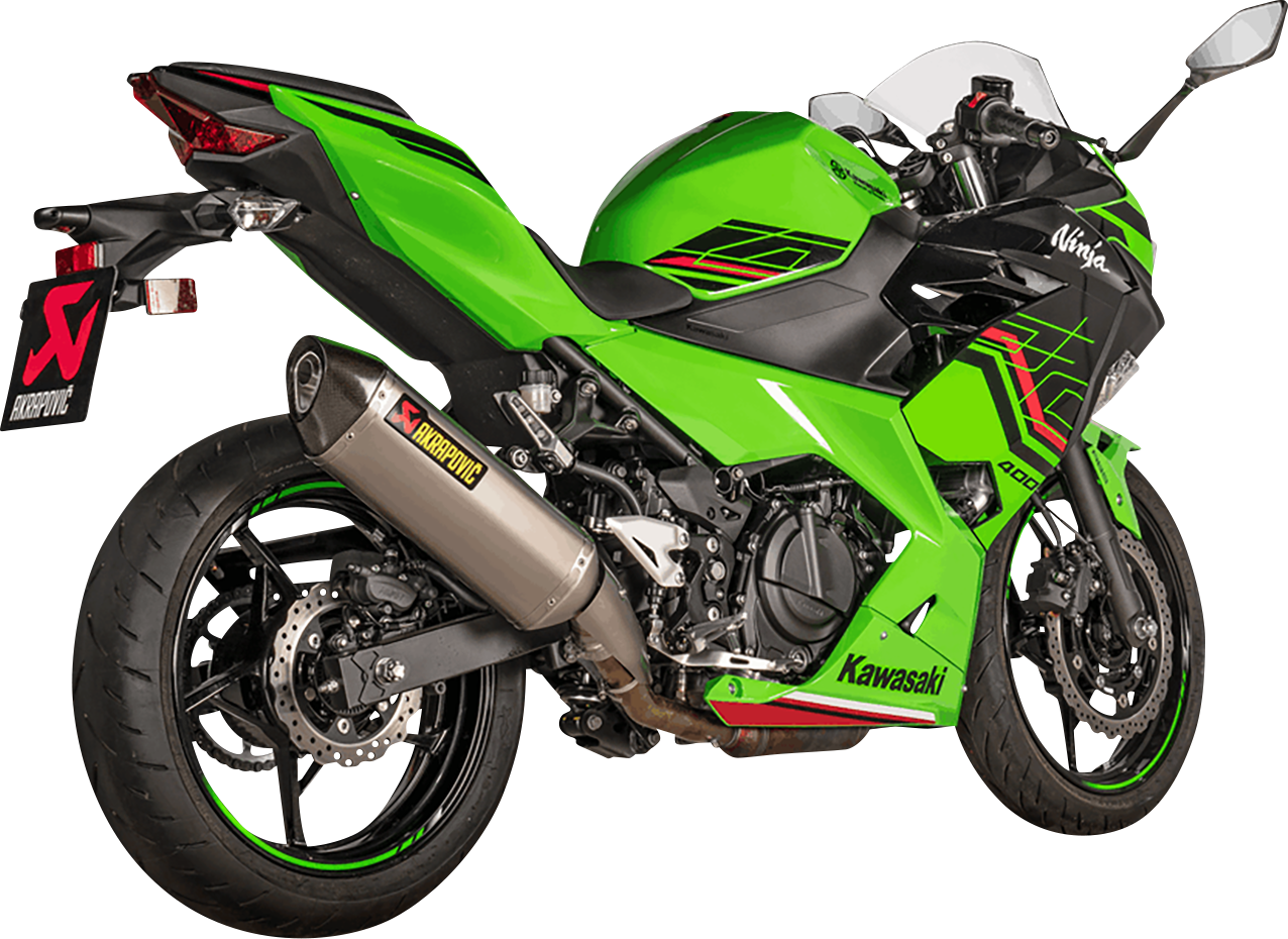 AKRAPOVIC Slip-On Line muffler in titanium for enhanced motorcycle performance, with sleek exhaust design and branding.
