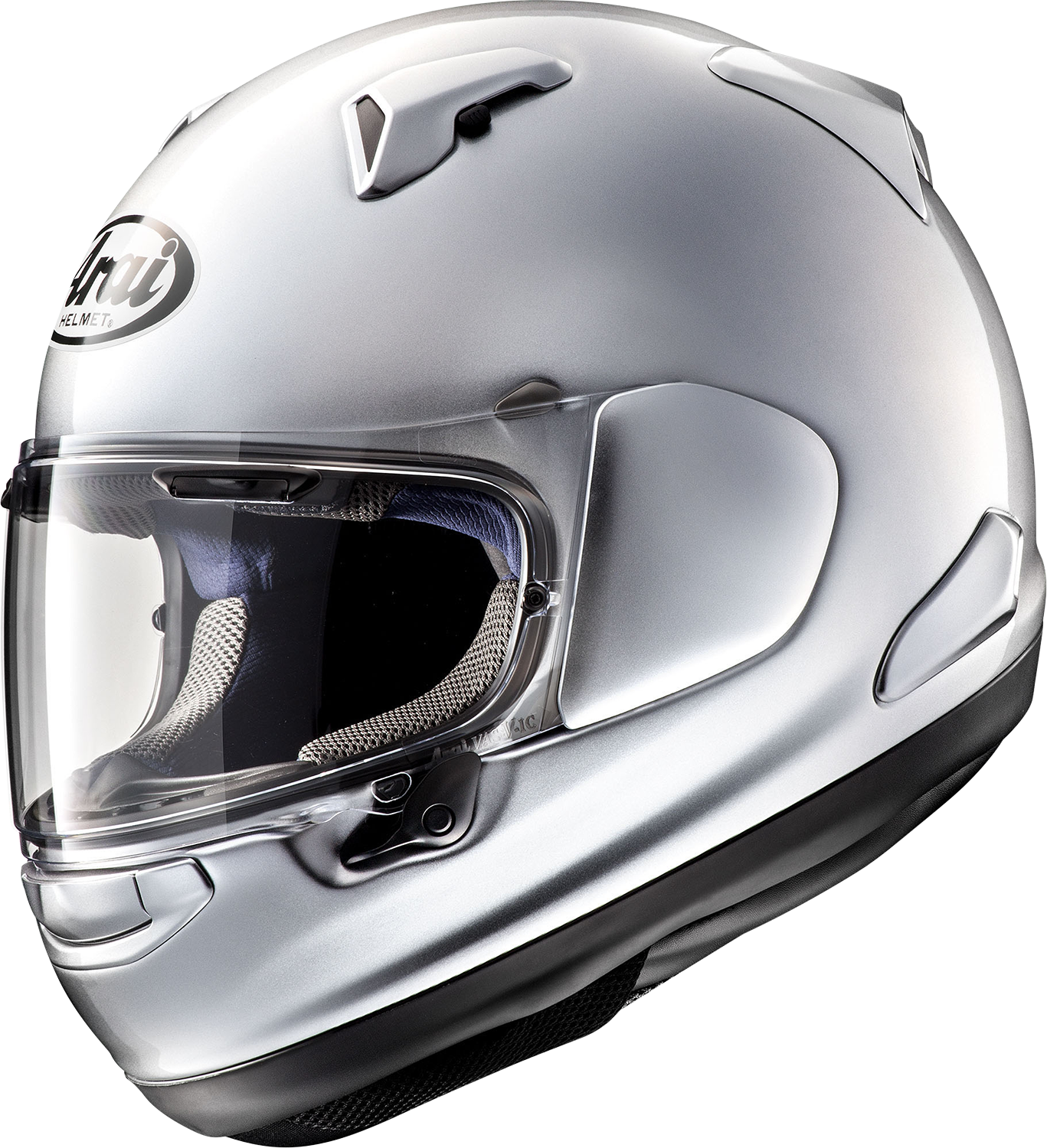 Arai Helmets Quantum-X helmet in aluminum silver with VAS shield system, 2XL size, showcasing sleek safety-focused design.