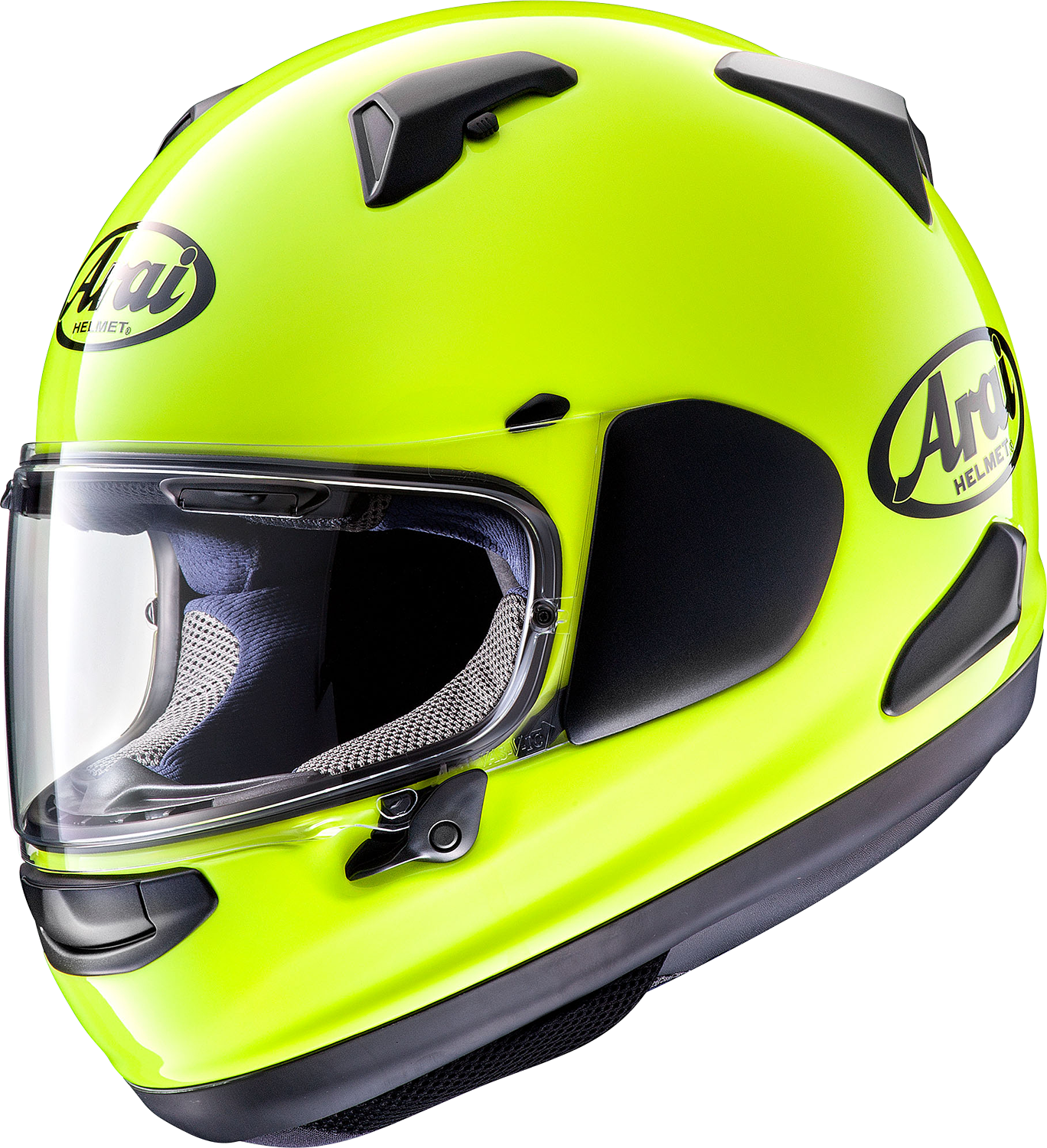 Arai Helmets Quantum-X helmet in fluorescent yellow with XS size, showing the sleek design and vibrant color.