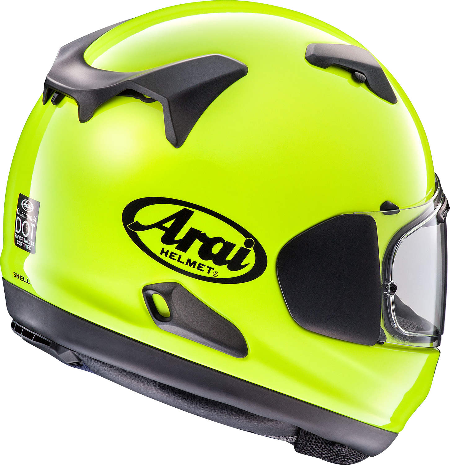 Arai Helmets Quantum-X motorcycle helmet in fluorescent yellow with XS size, featuring a sleek aerodynamic design.