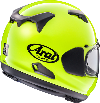 ARAi Helmets Quantum-X helmet in fluorescent yellow, small size, with aerodynamic design and ventilation features.