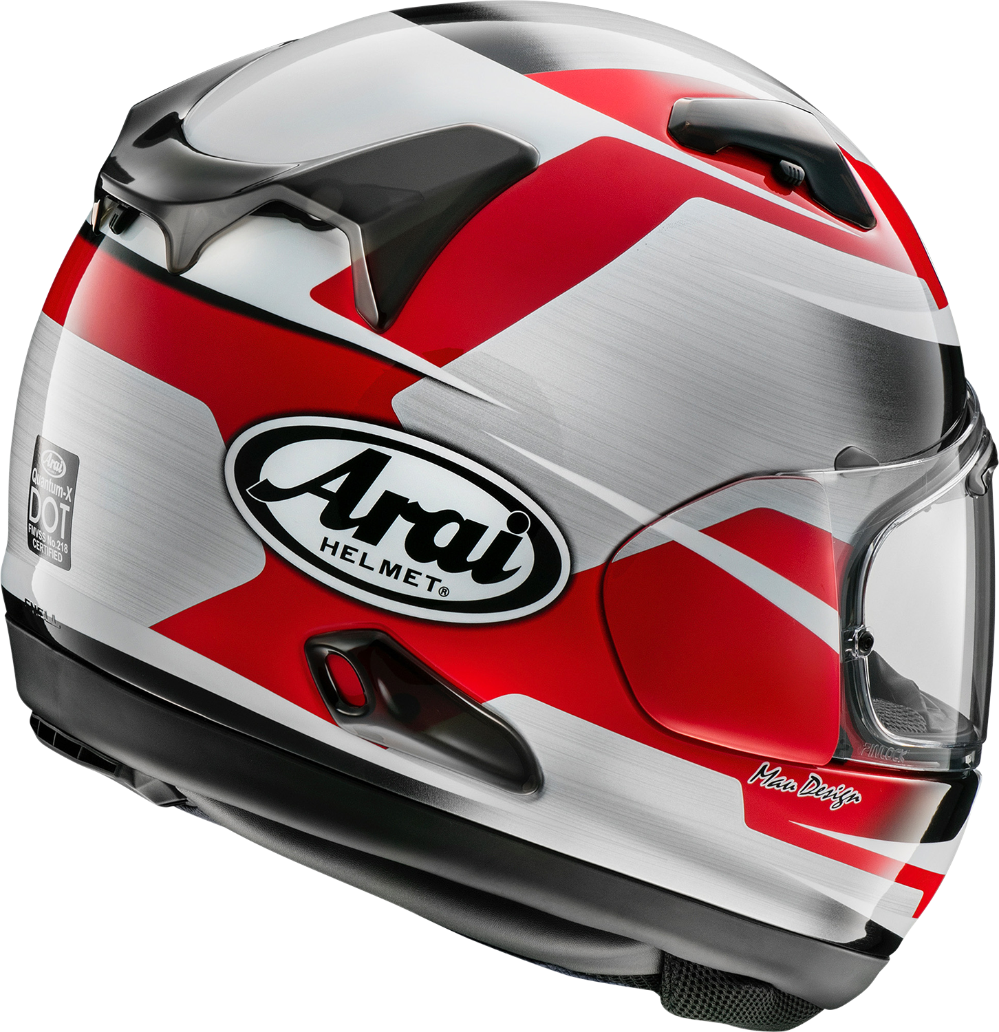 Red ARAI Quantum-X helmet in small size, featuring steel finish and designed for enhanced safety and comfort for wide-headed riders.