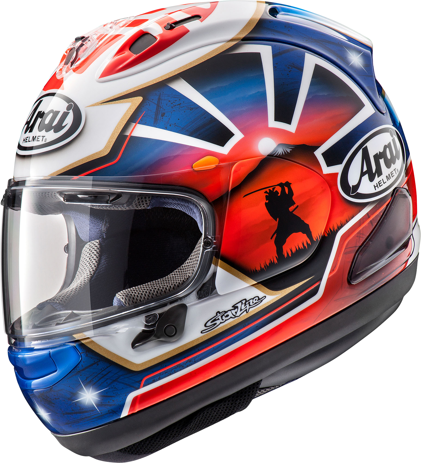 Blue ARAI Corsair-X Dani Samurai-2 motorcycle helmet with large size, featuring detailed graphic design and secure chin strap.