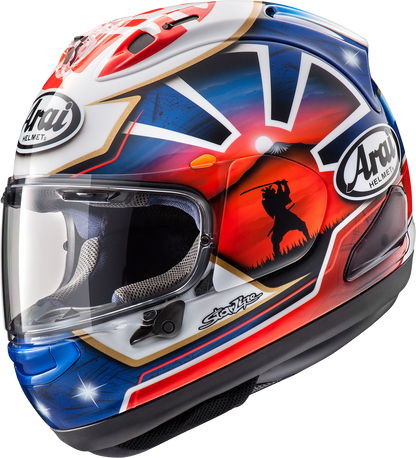 Blue ARAI Corsair-X Dani Samurai-2 motorcycle helmet with large size, featuring detailed graphic design and secure chin strap.