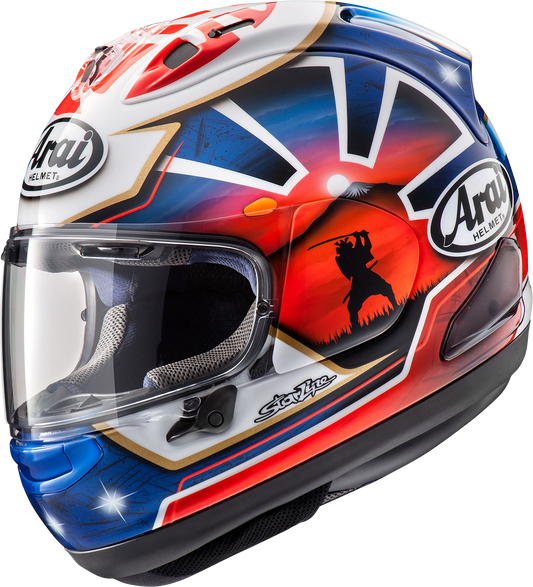 Blue ARAI Corsair-X Dani Samurai-2 motorcycle helmet with large size, featuring detailed graphic design and secure chin strap.