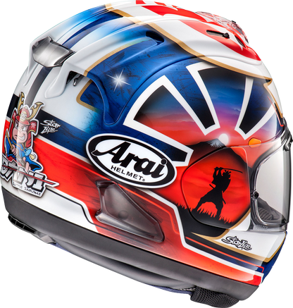 Blue ARAI HELMETS Corsair-X Dani Samurai-2 motorcycle helmet on a mannequin, showing detailed design and large size.