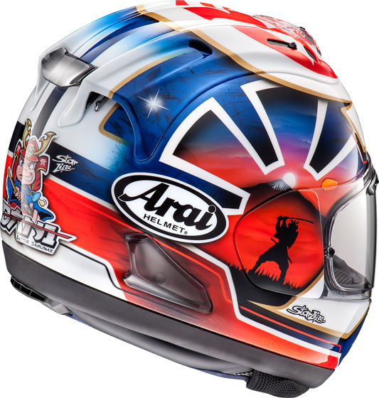 Blue ARAI HELMETS Corsair-X Dani Samurai-2 motorcycle helmet on a mannequin, showing detailed design and large size.