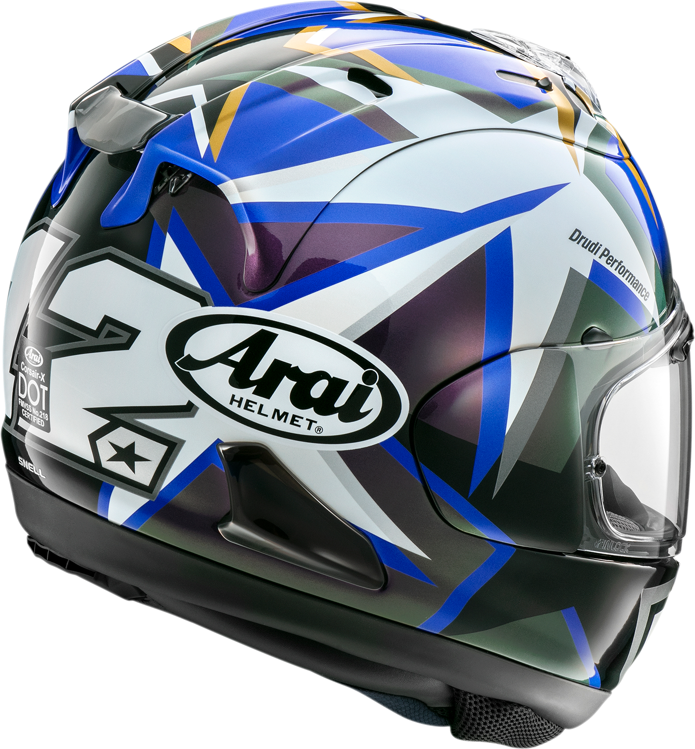 Arai Corsair-X Vinales motorcycle helmet in XL with advanced ventilation and secure shield system, featuring sleek design and safety features.