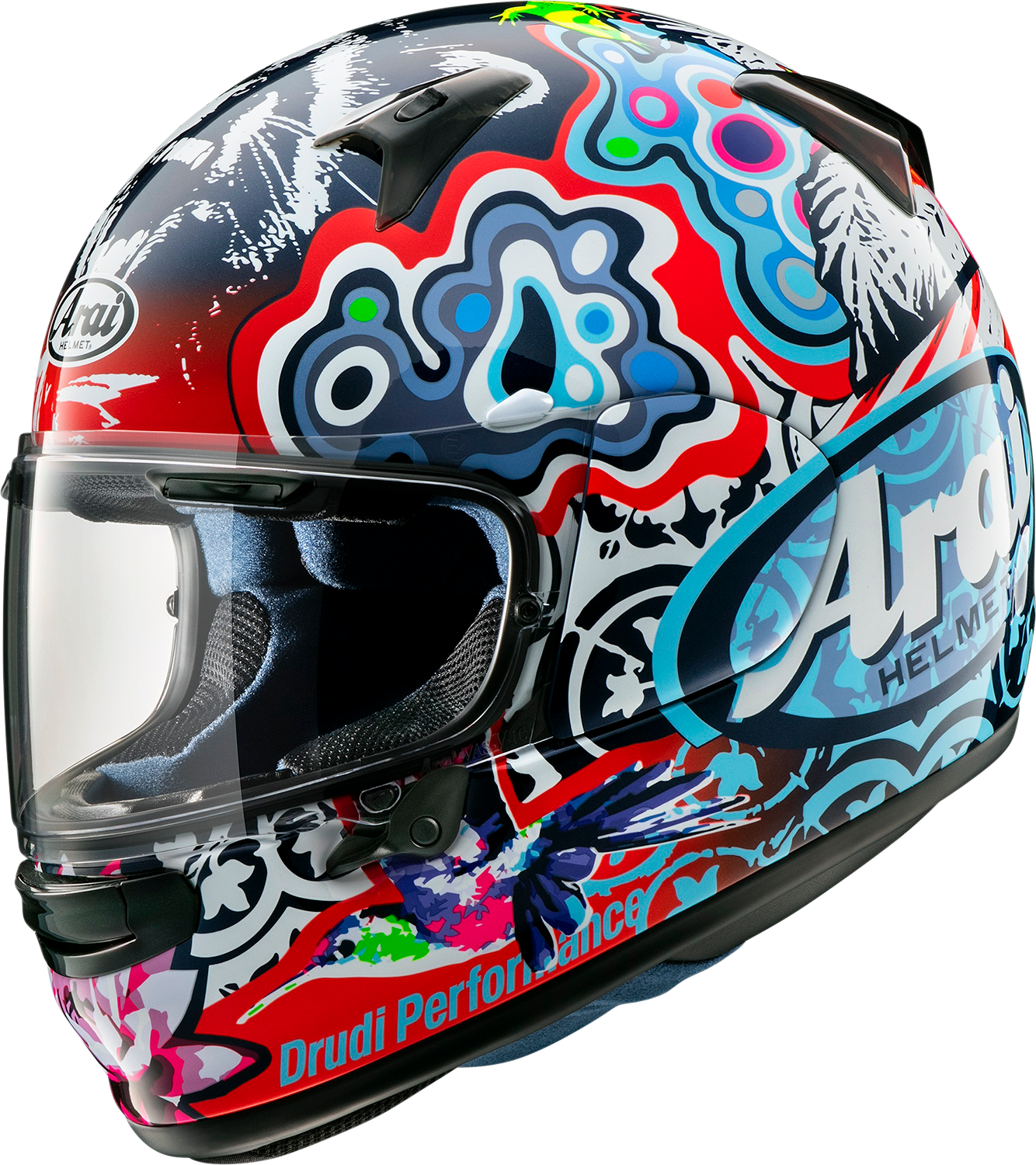 Arai Helmets Regent-X Jungle-2 2XL motorcycle helmet with vibrant jungle-themed design and secure chin strap, front view.