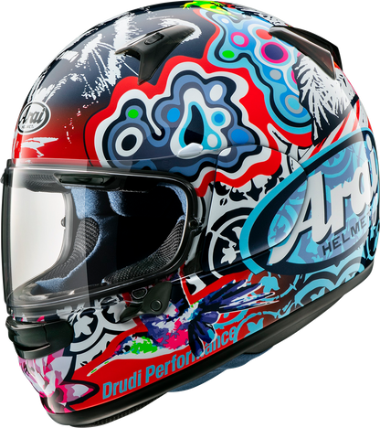 Arai Helmets Regent-X Jungle-2 2XL motorcycle helmet with vibrant jungle-themed design and secure chin strap, front view.