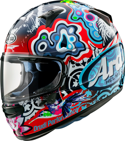 Arai Helmets Regent-X Jungle-2 2XL motorcycle helmet with vibrant jungle-themed design and secure chin strap, front view.