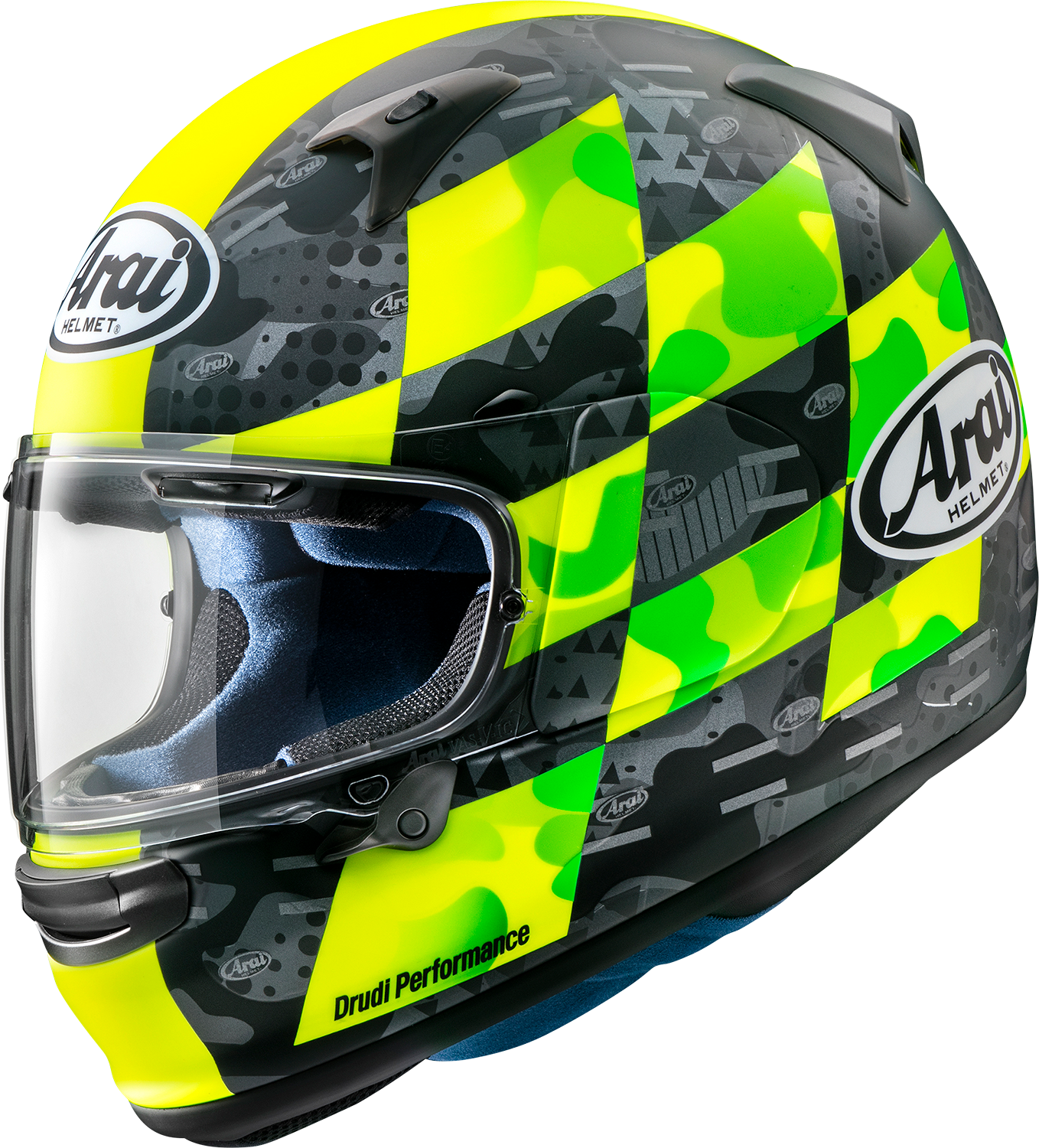 Yellow Frost ARAI Helmets Regent-X motorcycle helmet with patch, 2XL size, shown in the image.