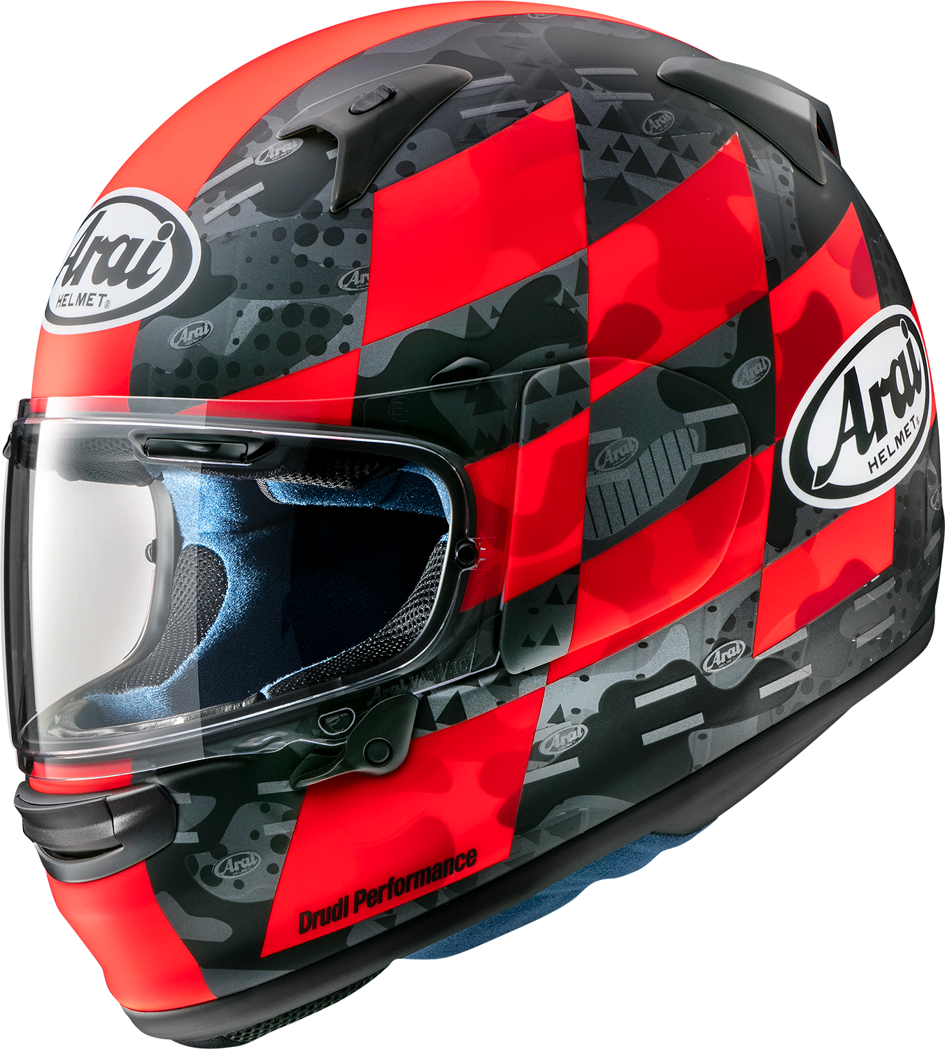 Red Frost Arai Helmets Regent-X motorcycle helmet with patch, XS size, featuring sleek design and safety features.