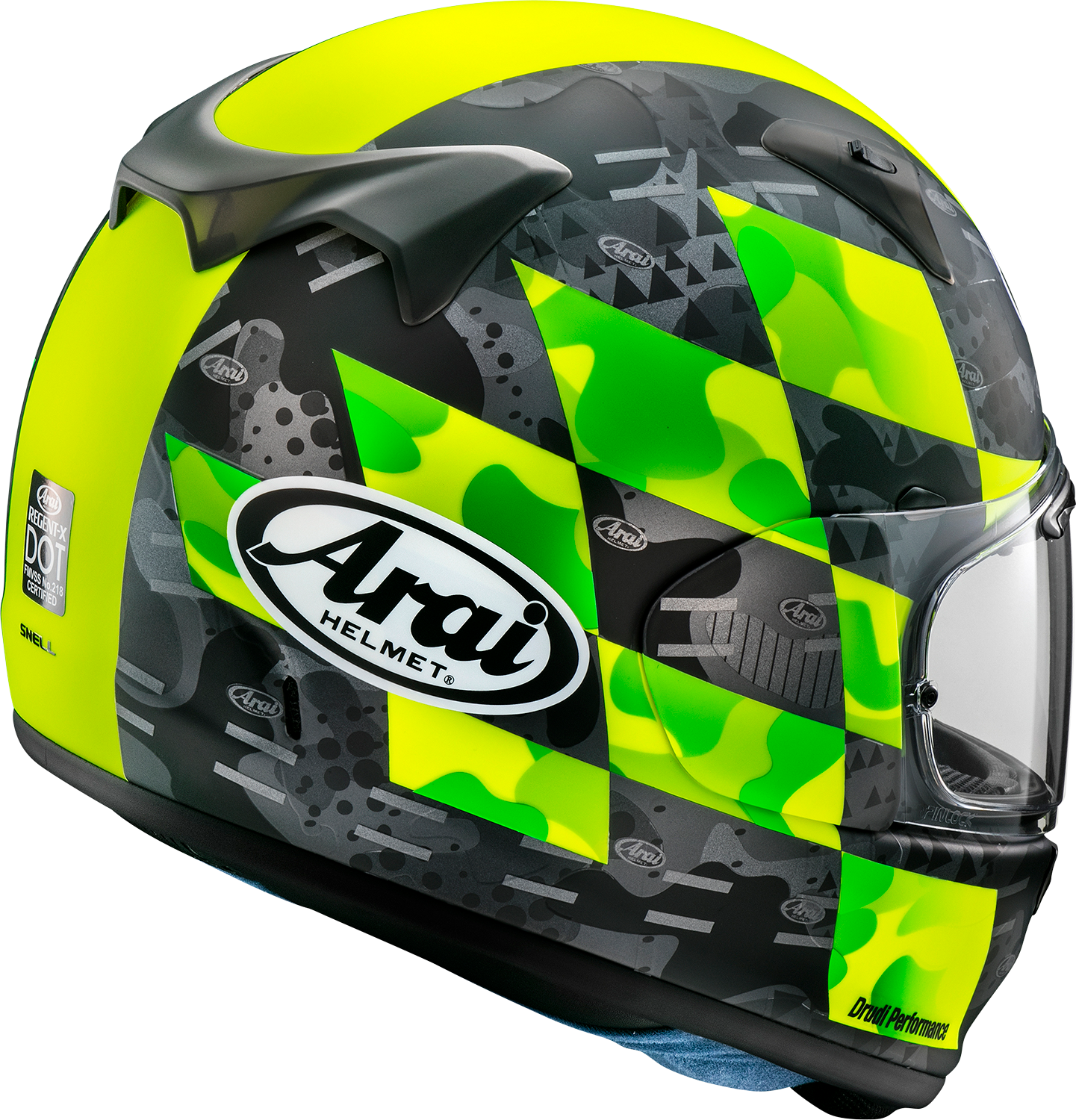 Yellow Frost ARAI Helmets Regent-X helmet with patch in 2XL size, featuring a sleek design and brand logo.