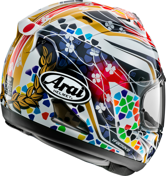 Arai Corsair-X Nakagami-3 small motorcycle helmet with aerodynamic design and clear visor, black and silver color scheme.