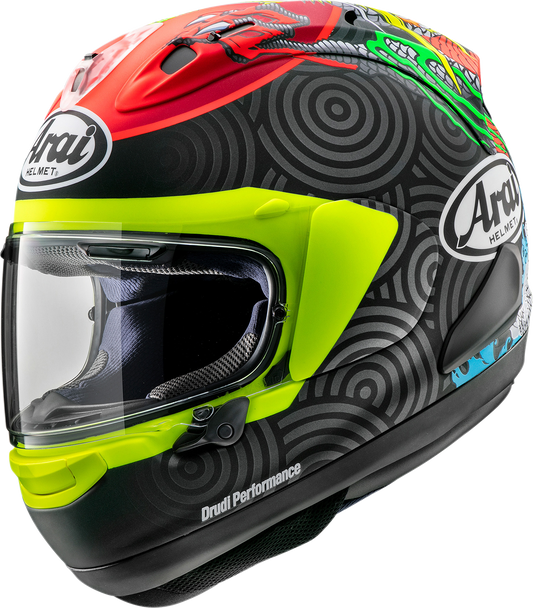 Arai Corsair-X Tatsuki Frost motorcycle helmet with advanced ventilation, aerodynamic design, and protective features.